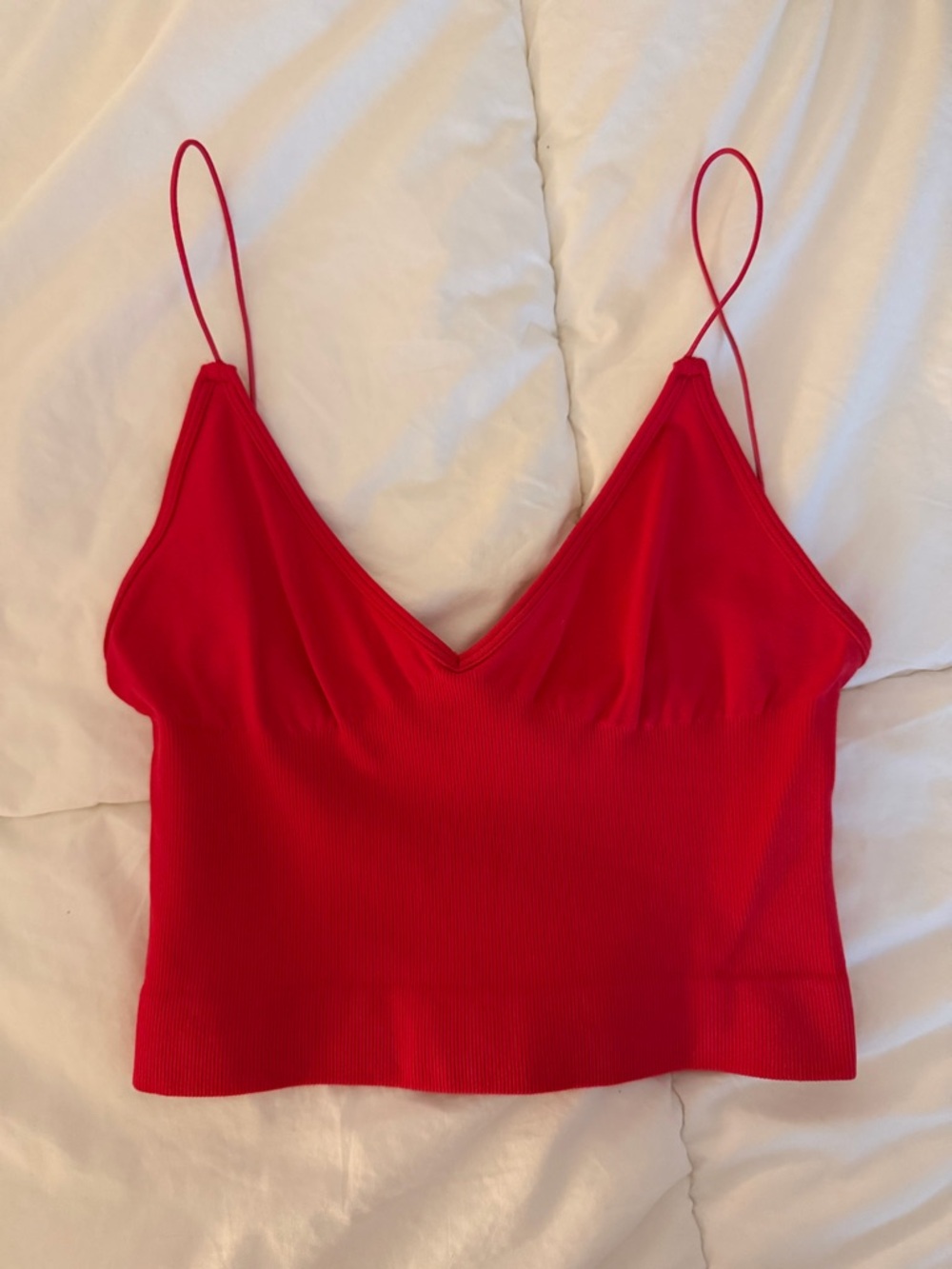 Free People Red V-Neck Ribbed Spaghetti Strap Cropped Camisole